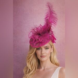 Kentucky Derby Hat KY Oaks Fascinator Hot Pink Organza Feather Floral Statement